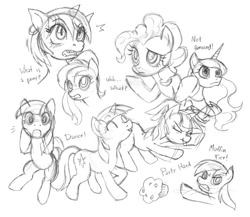 Size: 540x469 | Tagged: safe, artist:nauth, imported from derpibooru, derpy hooves, pinkie pie, princess luna, twilight sparkle, pony, doodle, monochrome, party hard, ponies, sketch, warm-up