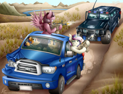 Size: 1280x981 | Tagged: safe, artist:colarix, imported from derpibooru, oc, oc only, oc:electric spark, oc:pop candy, oc:star burst, oc:sweet voltage, 5.7 liter v8, car, car chase, chase, desert, elecstar, fn scar, goggles, grand theft auto, gun, hmmwv, police, police car, popspark, shooting, toyota, toyota tundra, v8