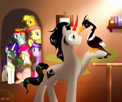 Size: 2360x1970 | Tagged: safe, artist:yula568, imported from derpibooru, applejack, fluttershy, king sombra, pinkie pie, rainbow dash, rarity, spike, twilight sparkle, alicorn, bird, dragon, earth pony, pegasus, pony, unicorn, vulture, animal, female, gas mask, male, mane seven, mane six, mare, plugged nose, smelly, sombra horn, sombra's cutie mark, stallion, twilight sparkle (alicorn), visible stench