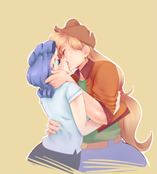 Size: 2115x2338 | Tagged: safe, artist:sundown, imported from derpibooru, applejack, rarity, human, commission, duo, female, humanized, jacqueline applebuck, juliette d'rarie, kiss on the lips, kissing, lesbian, rarijack, shipping