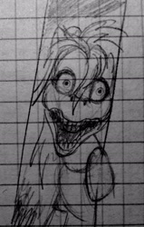 Size: 1632x2561 | Tagged: safe, artist:colossalstinker, imported from derpibooru, oc, oc only, pony, robot, robot pony, animatronic, crossover, five nights at freddy's, g3, graph paper, monochrome, nightmare fuel, solo, traditional art
