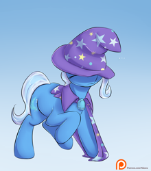Size: 1100x1250 | Tagged: safe, artist:alasou, imported from derpibooru, trixie, pony, unicorn, ..., cape, clothes, female, hat, mare, one hoof raised, patreon, patreon logo, raised hoof, solo, trixie's cape, trixie's hat