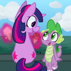 Size: 1000x1000 | Tagged: safe, artist:rivalcat, imported from derpibooru, spike, twilight sparkle, dragon, unicorn, cloud, cute, cute little fangs, fangs, female, happy, ice cream, magic, male, mare, open mouth, smiling, spikabetes, spikelove, twiabetes, unicorn twilight