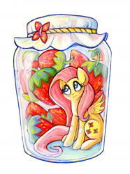 Size: 1365x1837 | Tagged: safe, artist:freesavanna, imported from derpibooru, fluttershy, female, jar, pony in a bottle, solo, strawberry