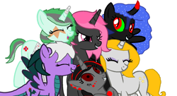 Size: 1024x558 | Tagged: safe, artist:silverromance, artist:strawberry-t-pony, imported from derpibooru, oc, oc only, oc:blood drop, oc:brave heart, oc:camila cockatrice, oc:gold star, oc:midnight flare, oc:sour candy, alicorn, dracony, hybrid, pony, alicorn oc, collaboration, offspring, parent:king sombra, parent:nightmare moon, parents:sombramoon