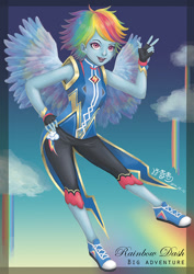 Size: 600x848 | Tagged: artist needed, source needed, useless source url, safe, artist:maisherly, imported from derpibooru, rainbow dash, human, alternate hairstyle, clothes, converse, cutie mark, cutie mark on clothes, female, flying, gloves, humanized, pony coloring, rainbow, rainbow waterfall, sky, solo, winged humanization, wings