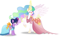 Size: 5003x3060 | Tagged: safe, artist:vector-brony, imported from derpibooru, princess celestia, twilight sparkle, alicorn, pony, absurd resolution, clothes, dress, drunk, drunklestia, female, gala dress, mare, martini, simple background, transparent background, twilight sparkle (alicorn), vector