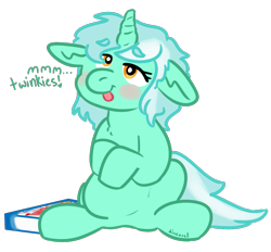 Size: 1131x1049 | Tagged: safe, artist:discorcl, imported from derpibooru, lyra heartstrings, big belly, chubby, floppy ears, stuffed, twinkies