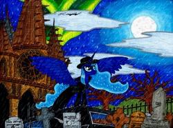 Size: 2251x1677 | Tagged: dead source, safe, artist:urbancowboy117, imported from derpibooru, princess luna, alicorn, pony, aurora borealis, car, cemetery, church, clothes, coat, female, full moon, goth, gothic, graveyard, hat, hearse, longcoat, markers, moon, night, rain, solo, traditional art, trenchcoat