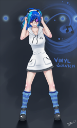 Size: 1924x3214 | Tagged: safe, artist:missangest, imported from derpibooru, dj pon-3, vinyl scratch, human, clothes, female, humanized, socks, solo, striped socks