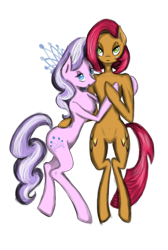 Size: 500x743 | Tagged: safe, artist:charoitethorn, imported from derpibooru, babs seed, diamond tiara, semi-anthro, babstiara, female, lesbian, older, shipping, wrong cutie mark