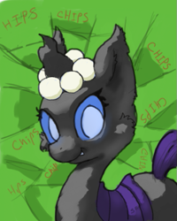 Size: 461x577 | Tagged: safe, artist:nadesican, imported from derpibooru, oc, oc only, oc:pistachio, changeling, abstract background, changeling oc, cheek fluff, chips, cute, cuteling, fangs, fluffy, food, looking at you, no catchlights, smiling, solo