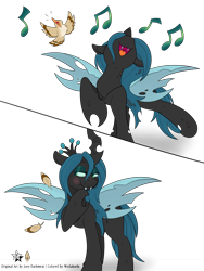 Size: 3000x4000 | Tagged: safe, artist:joey darkmeat, artist:wodahseht, color edit, imported from derpibooru, queen chrysalis, bird, changeling, changeling queen, nymph, :3, :t, absurd resolution, adoracreepy, bedroom eyes, blushing, chrysalispred, creepy, cute, cutealis, dark comedy, eaten alive, eating, fangs, feather, female, music notes, nose in the air, open mouth, predation, raised hoof, raised leg, simple background, singing, smiling, solo, transparent background, vore, younger
