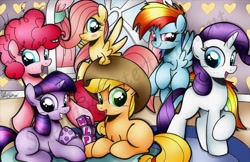 Size: 1205x780 | Tagged: safe, artist:ponygoddess, imported from derpibooru, applejack, fluttershy, pinkie pie, rainbow dash, rarity, spike, twilight sparkle, the cutie mark chronicles, cute, egg, filly, mane seven, mane six, spike's egg, watermark, younger