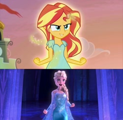 Size: 1280x1253 | Tagged: safe, imported from derpibooru, sunset shimmer, equestria girls, my past is not today, comparison, contrast, discussion, elsa, fire, frozen (movie), ice, let it go, magic, not fiery shimmer