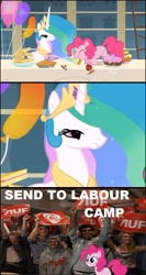 Size: 558x1051 | Tagged: safe, imported from derpibooru, screencap, pinkie pie, princess celestia, human, a bird in the hoof, image macro, irl, irl human, labour party, parody, photo, tyrant celestia