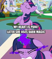 Size: 1280x1440 | Tagged: safe, artist:kwark85, edit, edited screencap, imported from derpibooru, screencap, spike, twilight sparkle, the crystal empire, crystal empire, dark magic, debate in the comments, drama, duckery in the description, image macro, irony, magic, meme, op is a duck, op is trying to start shit, op started shit, overanalyzing, seizure warning in comments, sombra eyes, text, the duck goes kwark