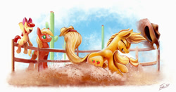 Size: 1500x786 | Tagged: safe, artist:tsitra360, imported from derpibooru, apple bloom, applejack, big macintosh, earth pony, pony, apple siblings, cactus, cheering, dust, eyes closed, female, fence, filly, gritted teeth, male, mare, rodeo, saguaro cactus, siblings, stallion