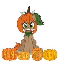 Size: 637x700 | Tagged: safe, artist:mangaka-girl, imported from derpibooru, oc, oc only, oc:pumpkin spice, jack-o-lantern, knife, mouth hold, pumpkin, pumpkin spice, simple background, solo, transparent background