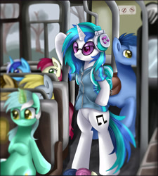 Size: 4350x4840 | Tagged: safe, artist:pridark, imported from derpibooru, blues, bon bon, derpy hooves, dj pon-3, doctor whooves, lyra heartstrings, minuette, noteworthy, octavia melody, roseluck, time turner, vinyl scratch, pony, absurd resolution, bipedal, bus, clothes, headphones