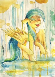 Size: 2888x4036 | Tagged: safe, artist:mufflinka, imported from derpibooru, sunshower raindrops, pegasus, pony, cute, eyes closed, female, floppy ears, happy, mare, open mouth, rain, raised hoof, raised leg, smiling, solo, spread wings, traditional art, watercolor painting, wet, wet mane, wings