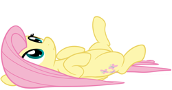 Size: 2911x1522 | Tagged: safe, artist:furrgroup, imported from derpibooru, fluttershy, :i, belly, female, lying down, on back, simple background, solo