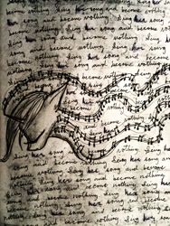 Size: 922x1229 | Tagged: safe, artist:luted, imported from derpibooru, lyra heartstrings, fanfic:background pony, female, madness mantra, monochrome, music notes, solo, text, traditional art