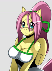 Size: 1244x1708 | Tagged: safe, artist:ss2sonic, imported from derpibooru, fluttershy, anthro, pegasus, arm boob squeeze, blushing, breasts, busty fluttershy, cleavage, female, mare, ponytail, simple background, solo