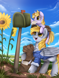 Size: 2550x3389 | Tagged: safe, artist:pridark, imported from derpibooru, derpy hooves, dinky hooves, pegasus, pony, equestria's best mother, female, letter, mailbag, mailbox, mare, mouth hold, sunflower