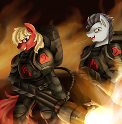 Size: 3046x3093 | Tagged: safe, artist:pridark, imported from derpibooru, soarin', oc, oc:sharpy, anthro, black hand, black hand trooper, brotherhood of nod, command and conquer, crossover, fire, flamethrower, sexy, stupid sexy soarin', talking, weapon