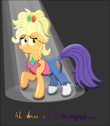 Size: 1270x1450 | Tagged: safe, artist:ultrathehedgetoaster, imported from derpibooru, applejack, rarity, hybrid, simple ways, applejewel, body sharing, clothes, dialogue, fusion, hedgetoaster hybrid, partial body swap, rarihick, tail, tail hole, we have become one, what has science done