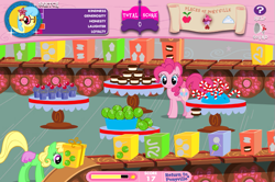 Size: 747x495 | Tagged: safe, imported from derpibooru, screencap, pinkie pie, oc, oc:sketch, adventures in ponyville, candy cane, cupcake, female, hungry, lollipop, pinkie pie's sweet shoppe, solo