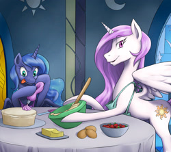 Size: 2444x2175 | Tagged: safe, artist:nauth, imported from derpibooru, princess celestia, princess luna, apron, cake, castle of the royal pony sisters, clothes, food, sisters, tongue out