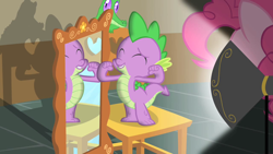 Size: 1280x720 | Tagged: safe, imported from derpibooru, screencap, gummy, pinkie pie, spike, dragon, pony, party of one, female, interrogation, looking good spike, male, mirror, spotlight