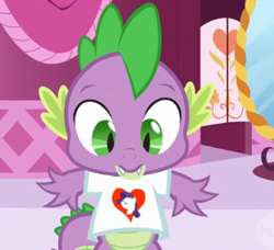 Size: 339x309 | Tagged: safe, imported from derpibooru, screencap, rarity, spike, dragon, green isn't your color, clothes, cute, fangs, female, heart, looking down, male, shipping, shipping fuel, solo, sparity, spikabetes, straight, t-shirt