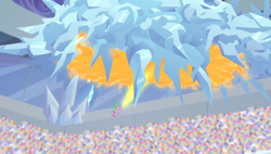 Size: 1266x720 | Tagged: safe, imported from derpibooru, screencap, spike, equestria games (episode), animation error, crystal stadium, dragonfire, equestria games, fire, fire breath, ice, ice cloud, male, solo