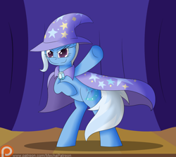 Size: 1400x1250 | Tagged: safe, artist:mechanized515, imported from derpibooru, trixie, pony, unicorn, clothes, female, looking at you, mare, patreon, solo, stage