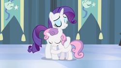 Size: 1280x720 | Tagged: safe, imported from derpibooru, screencap, rarity, sweetie belle, pony, unicorn, for whom the sweetie belle toils, season 4, cute, diasweetes, duo, duo female, eyes closed, female, filly, hug, mare, raribetes, reformed, sibling love, siblings, sisterly love, sisters, smiling