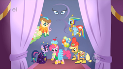 Size: 1280x720 | Tagged: safe, imported from derpibooru, screencap, applejack, fluttershy, pinkie pie, rainbow dash, twilight sparkle, earth pony, pegasus, pony, unicorn, suited for success, balloon, clothes, constellation dress, dress, ei, female, flying, galoshes, hub logo, mane six, mare, raised hoof, rarity logo, unicorn twilight