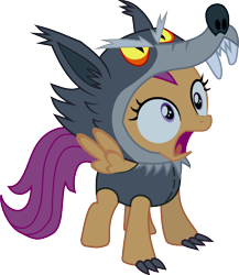 Size: 532x612 | Tagged: safe, artist:zhinevrilya, imported from derpibooru, scootaloo, pegasus, pony, wolf, luna eclipsed, animal costume, clothes, costume, female, scootawolf, simple background, solo, transparent background, vector, wolf costume