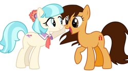 Size: 960x530 | Tagged: safe, imported from derpibooru, coco pommel, oc, oc:maría teresa de los ponyos paguetti, earth pony, pony, boop, brown eyes, brown mane, duo, duo female, earth pony oc, female, mare, nose wrinkle, noseboop, open mouth, open smile, raised hoof, scrunchy face, simple background, smiling, standing, white background