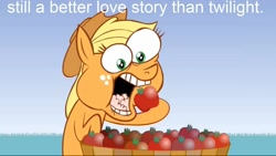 Size: 1600x900 | Tagged: safe, artist:hotdiggedydemon, imported from derpibooru, screencap, applejack, .mov, apple, derail in the comments, eating, image macro, love, meme, still a better love story than twilight, still a better x than y, that pony sure does love apples