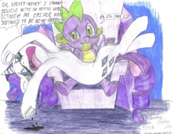 Size: 1642x1275 | Tagged: safe, artist:semijuggalo, imported from derpibooru, rarity, spike, pony, unicorn, blushing, crying, duo, fainting couch, female, hiatus, male, marshmelodrama, running makeup, sad, shipping, shrug, sparity, straight, traditional art, twilight's castle, underhoof