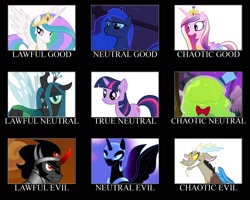 Size: 2250x1800 | Tagged: safe, edit, edited screencap, imported from derpibooru, screencap, discord, king sombra, princess cadance, princess celestia, princess luna, queen chrysalis, smooze, twilight sparkle, alicorn, draconequus, pony, unicorn, alignment chart, female, male, mare, meme, stallion, unicorn twilight