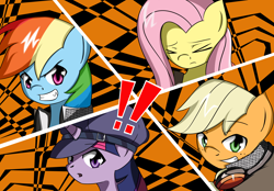 Size: 2800x1954 | Tagged: safe, artist:misterbrony, imported from derpibooru, applejack, fluttershy, rainbow dash, twilight sparkle, amagi yukiko, clothes, crossover, exclamation point, narukami yu, persona, persona 4, persona 4 golden, shirogane naoto, tatsumi kanji, video game