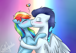 Size: 1013x708 | Tagged: safe, artist:galopade, imported from derpibooru, rainbow dash, soarin', blushing, female, heart, hug, kissing, male, shipping, soarindash, straight