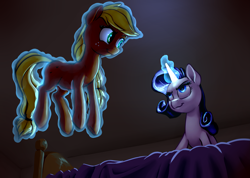 Size: 3851x2740 | Tagged: safe, artist:nadnerbd, imported from derpibooru, applejack, rarity, bed, fanfic, fanfic art, female, how far away you roam, lesbian, levitation, magic, rarijack, shipping