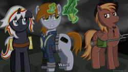 Size: 2560x1440 | Tagged: safe, artist:techarmsbu, imported from derpibooru, oc, oc only, oc:calamity, oc:littlepip, oc:velvet remedy, pegasus, pony, unicorn, fallout equestria, battle saddle, clothes, dashite, fake screencap, fanfic, fanfic art, female, floppy ears, fluttershy medical saddlebag, glowing horn, gun, handgun, hat, hooves, horn, jumpsuit, levitation, little macintosh, machine gun, magic, male, mare, medical saddlebag, optical sight, pipbuck, pistol, revolver, rifle, saddle bag, stallion, subtitles, teeth, telekinesis, vault suit, weapon, wings