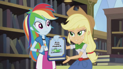 Size: 1280x719 | Tagged: safe, edit, edited screencap, imported from derpibooru, screencap, applejack, gummy, rainbow dash, equestria girls, friendship games, book, exploitable meme, inverted mouth, meme, no fucks, vulgar, we like this book, yearbook meme