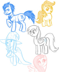 Size: 750x917 | Tagged: safe, artist:spacestrawberry, imported from derpibooru, derpy hooves, doctor whooves, fluttershy, scootaloo, time turner, trixie, pony, male, sketch, stallion